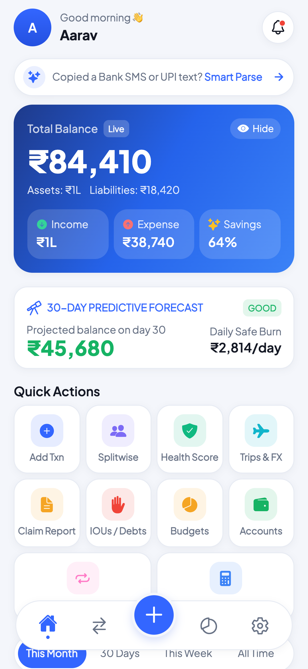 Expense Tracker home dashboard
